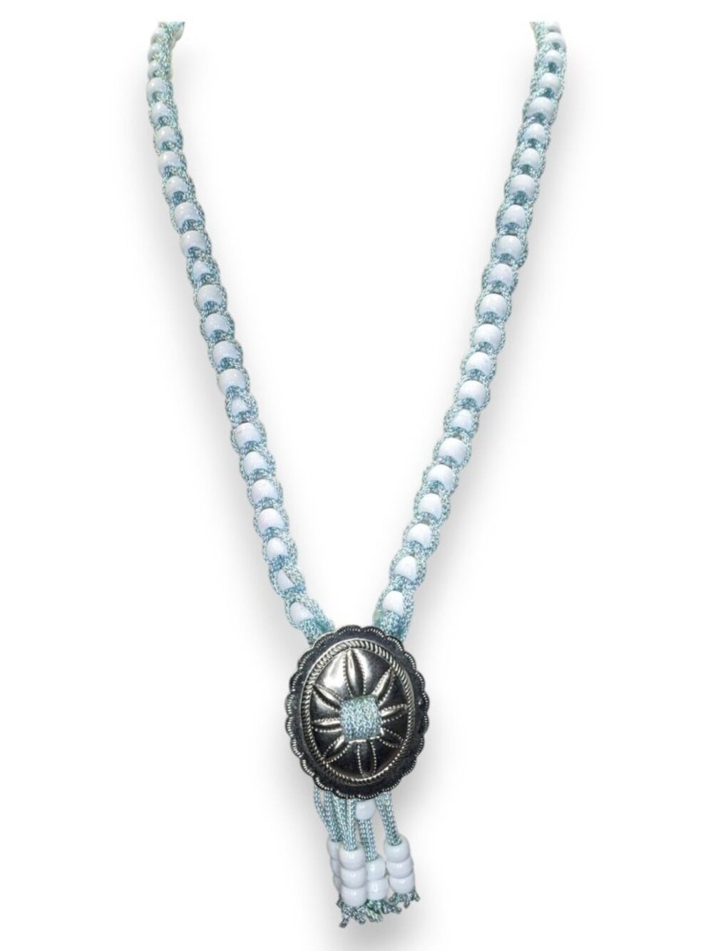 Handmade Western Boho Cowgirl Bolo Blue White Beaded Concho Tassel Necklace